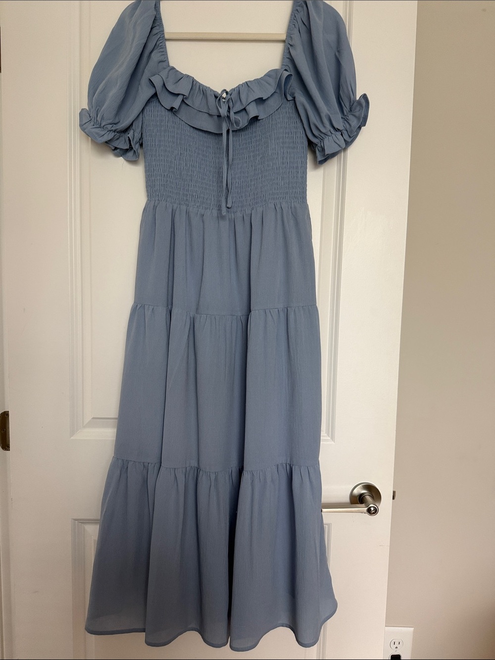 Light Blue Puff Sleeve Smocked Tiered Dress